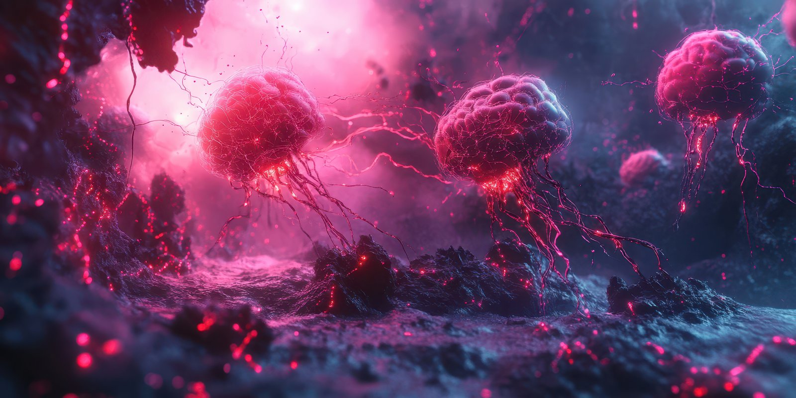Colorful jellyfish-like creatures float through a vibrant underwater landscape filled with glowing elements